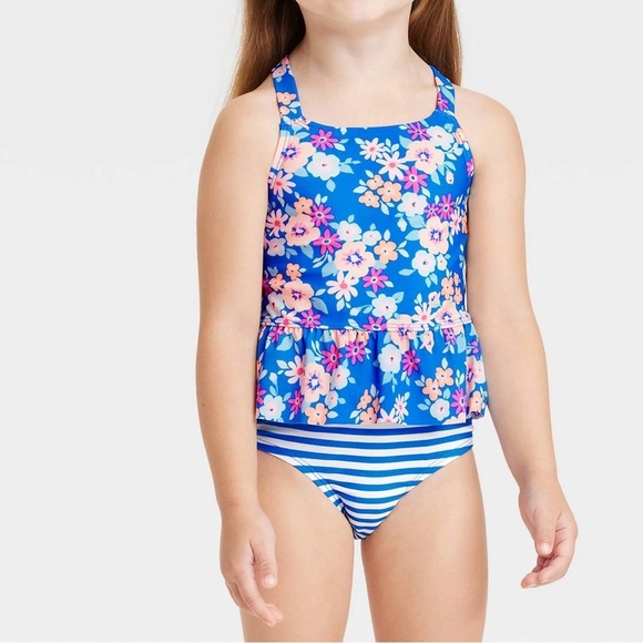 Cat & Jack Toddler Girl Peplum Tankini Swimsuit – Floral & Stripe – Size 5T - Picture 1 of 10